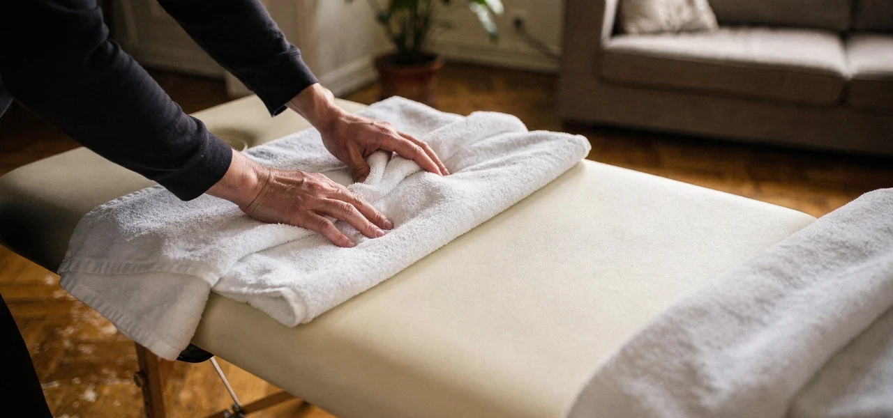 Mains qui lissent une serviette blanche sur une table de massage, dans un salon